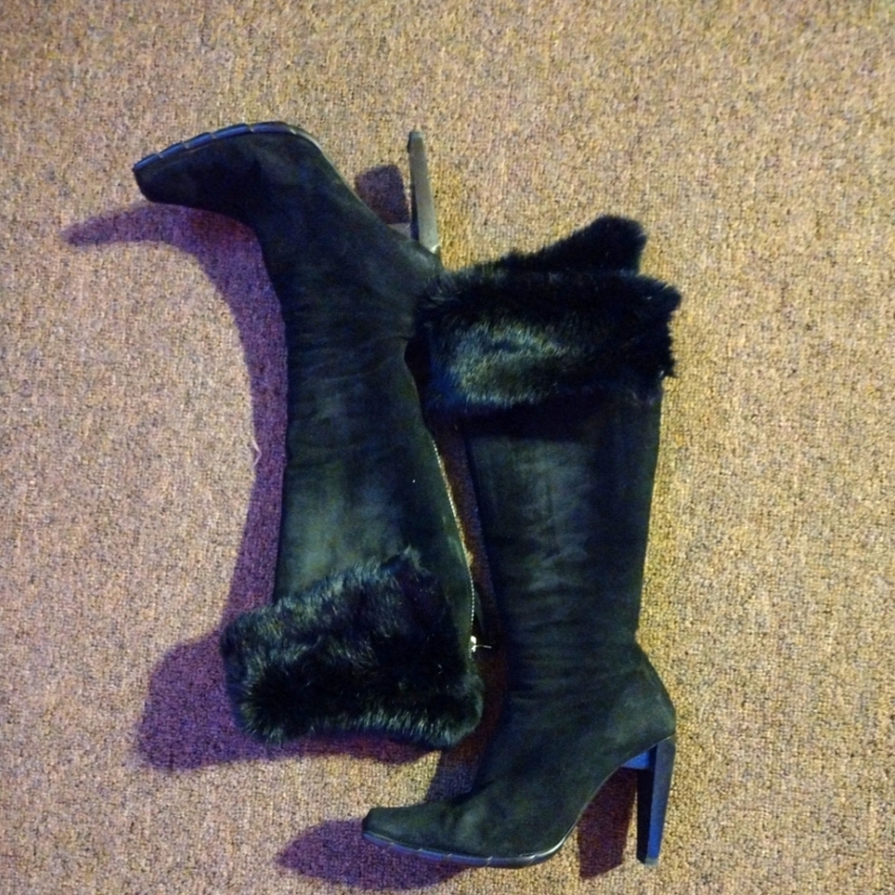 VTG Vicini Italy Suede Leather Shearling Black Tall Knee Winter Boots Black Sz7